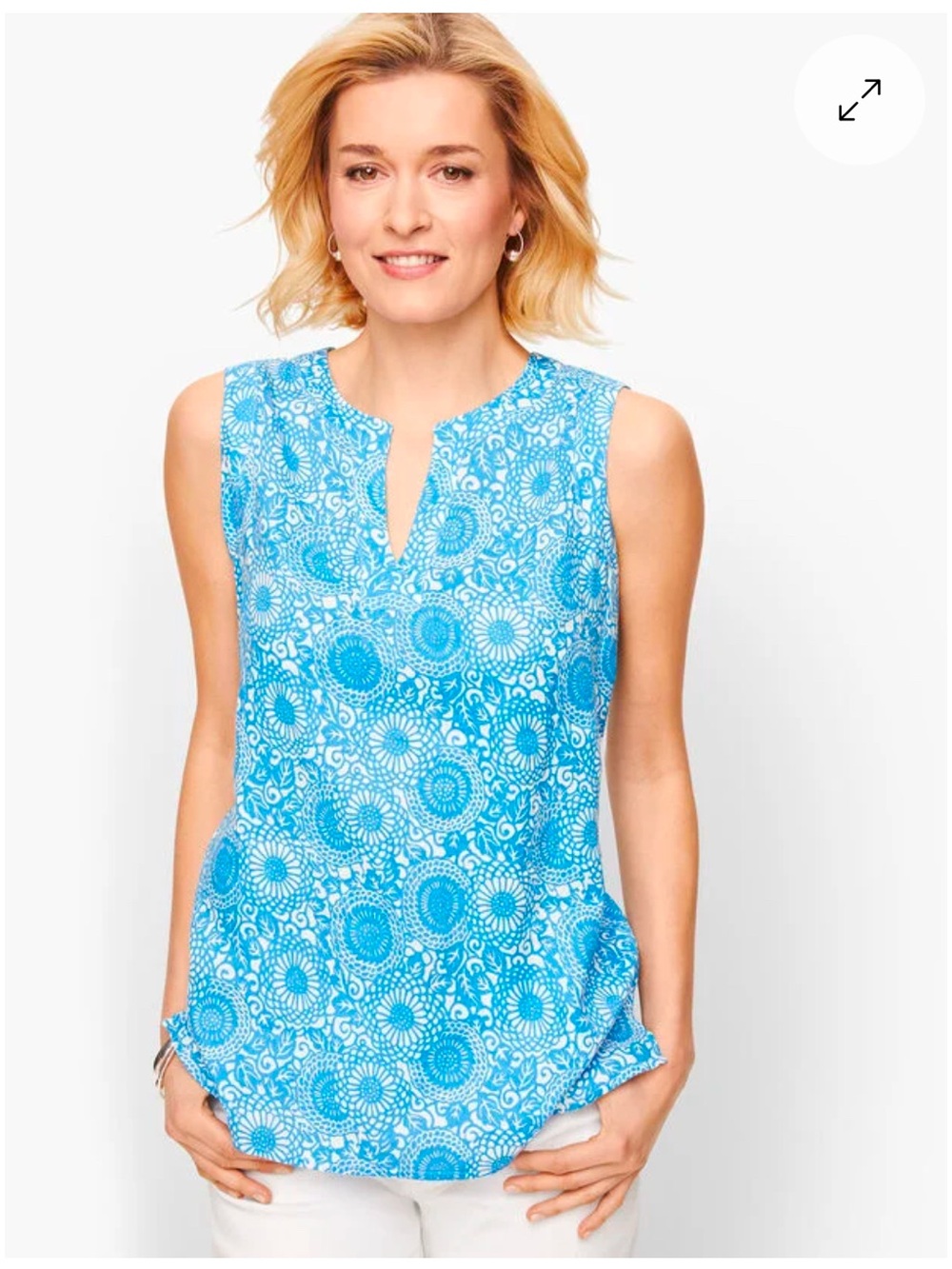 Talbots Linen Sleeveless Blue Floral Print Split Neck Top Size 3XP Plus Petite